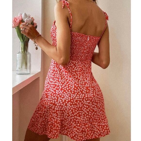 SHEIN Red Floral Sleeve Tie Mini Sun Slip Zip Up  Dress Women’s Size Small - Picture 2 of 7